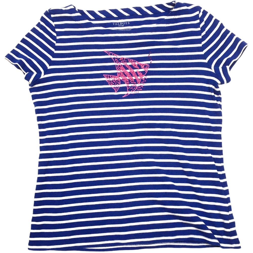 Talbots Pima Tee Striped‎ Fish Beaded Short Sleeve Women's L Petite Blue White